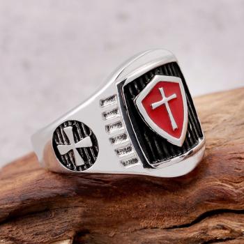 Stainless Steel Titanium Red Armor Shield Knight Templar Crusade Cross Signet Ring Medieval Signet Retro Vintage