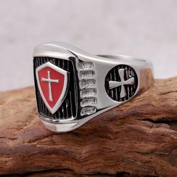 Stainless Steel Titanium Red Armor Shield Knight Templar Crusade Cross Signet Ring Medieval Signet Retro Vintage