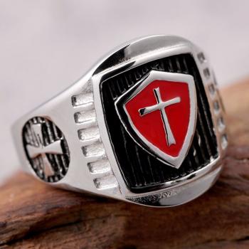 Stainless Steel Titanium Red Armor Shield Knight Templar Crusade Cross Signet Ring Medieval Signet Retro Vintage