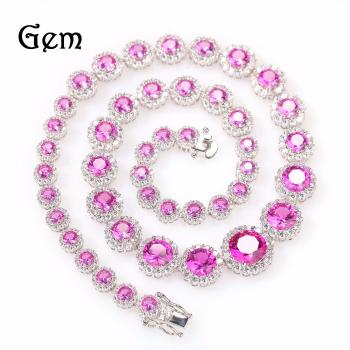 Women Rapper Zirconia Statement Necklace Bracelets Female Set Jewelry Bling Bling Pink