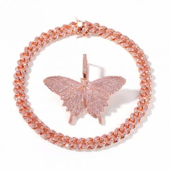 Hip Hop Fashion 8MM Women Jewelry Iced Out Pink Diamond Butterfly Pendant Necklace