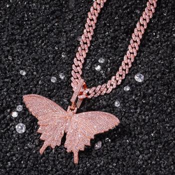 Hip Hop Fashion 8MM Women Jewelry Iced Out Pink Diamond Butterfly Pendant Necklace