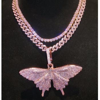 Hip Hop Fashion 8MM Women Jewelry Iced Out Pink Diamond Butterfly Pendant Necklace