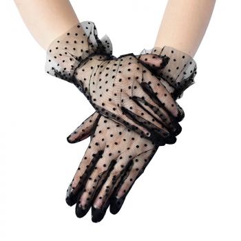 New Women Spots Lotus Leaf Sheers Stretchy Gloves Short Tulle Autumn Accessories Full Finger Lace Dot Tulle Gloves