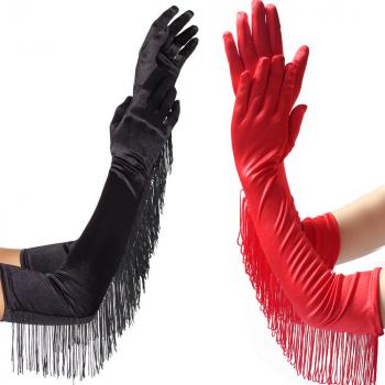 Long Satin Gloves with Tassel Black Elbow Gloves Stretchy Opera Party 1920s Bridal Dance Gloves for Party Wedding Hallow