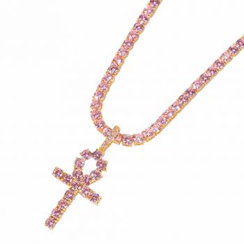 Iced Out Pink Cubic Zirconia Cross Pendant Necklace