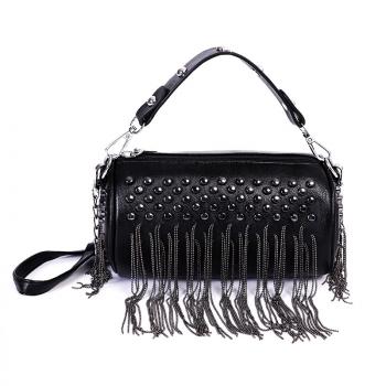 Rivet studded cylinder locomotive handbag trend messenger tassel bag