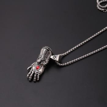 HaoYi Vintage Thanos Gloves Pendant Necklace Men Stainless Steel Silver Color Punk Zircon Jewelry