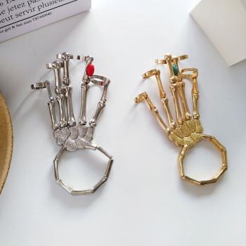 Gothic Punk Skull Bracelet with Open Finger Rings For Men Women Elasticity Adjustable Skeleton Bracelet Bangles Couple J