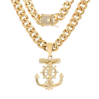 Personalized cross ship anchor diamond round grinding Cuban ins men's titanium steel hip-hop Necklace