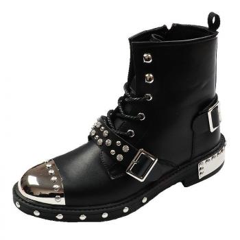 New rivet winter black flat heel boys' round head viscose shoes Martin boots