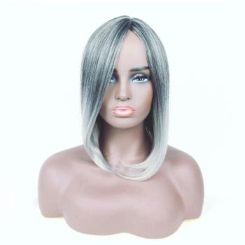 Women's long straight black graded grey high temperature chemical fiber wig headgear