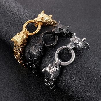 Fashion personality double-layer emperor chain bracelet vacuum plated titanium steel men's double wolf head Bracelet