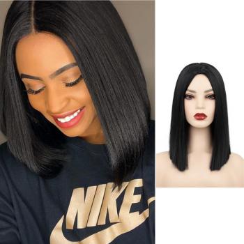 Woven chemical fiber wig headgear, female natural black, medium length straight hair