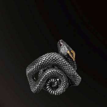 HORN SNAKES SCALY–SKINNED HORN SNAKES RING IN 925 SILVER+18K GOL