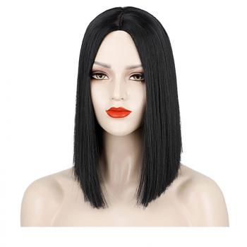 Woven chemical fiber wig headgear, female natural black, medium length straight hair