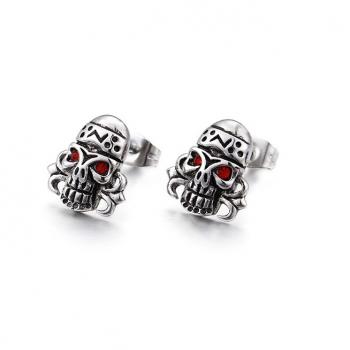 Vintage exaggerated studded red diamond skull titanium steel men's earrings