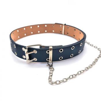 Punk style PU belt with chain double eyelet metal decorative belt