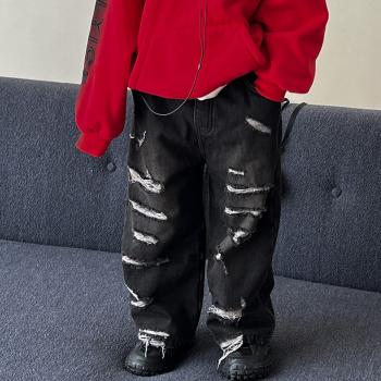 Boys' plush jeans autumn and winter worn-out street trousers