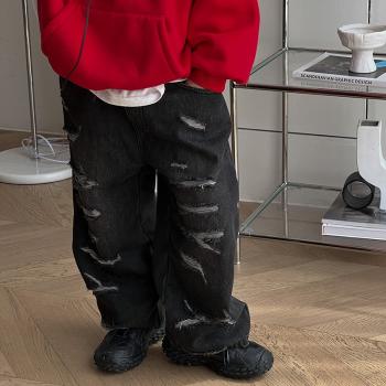 Boys' plush jeans autumn and winter worn-out street trousers