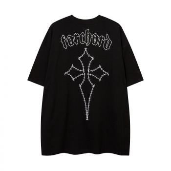 Tkpa dark high street style cross embroidered oversize short sleeve t-shirt men and women Half Sleeve Tee