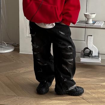 Boys' plush jeans autumn and winter worn-out street trousers