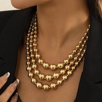 Big Gold Beads Necklace for Women Vintage Layered Beaded Clavicle Collar Necklace