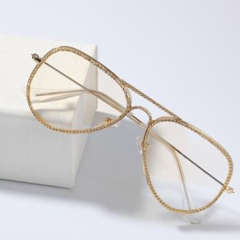 Diamond set metal frame fashionable avant-garde trendsetter gold decorative glasses