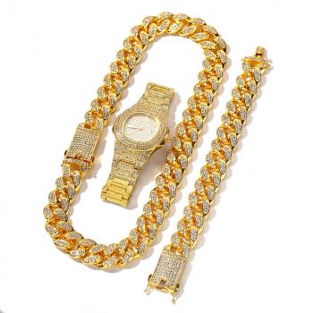 Full diamond watch 20mm gold-plated necklace bracelet men's hip hop accessories set