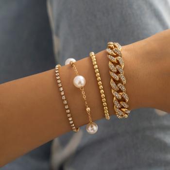 4Pcs Women's Retro personality simple creative multi-layer set with rhinestone imitation pearl bracelet set