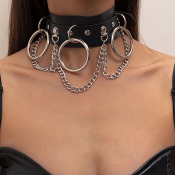 Harajuku Black PU Leather Choker Necklace For Women Men Punk Gothic Round Heart Star Statement Pendant Tassel Necklace c