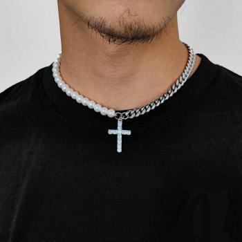 8MM stainless steel Cuban chain+pearl cross pendant necklace