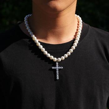 Hip hop simple cross pendant 8-10mm pearl necklace