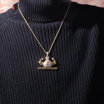 Hip Hop Money Bag Pendant Copper Set Zircon Tide Sign Gold Plated Necklace