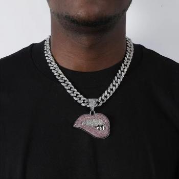 Men Women Hip Hop Bite Lip Shape Pendant Necklace with  Crystal Cuban Chain Iced Out Bling HipHop Necklaces Fashion Jewe