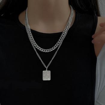 Hip hop personality Necklace Jewelry lucky boy square double layer Necklace