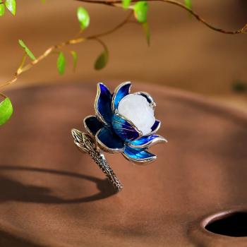 Women's Lotus and Tian Jade Ring Burning Blue Craft 925 Silver Jewelry